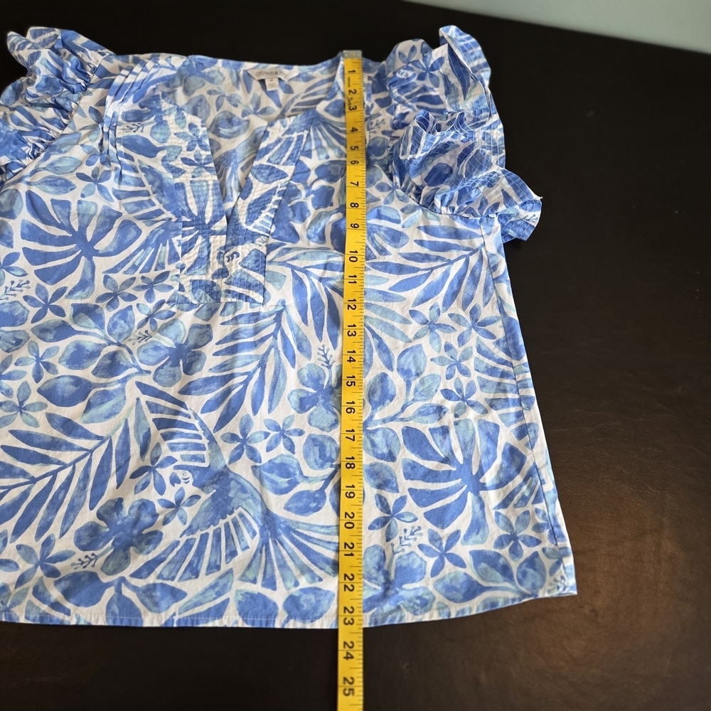Crown & Ivy Blue White Floral Print Flutter Sleeve Cotton Blouse Size M - Picture 7 of 8